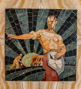 Mosaic artwork of worker at Carnegie library Reims Stockfoto's