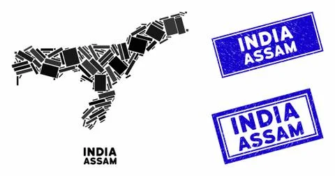 Mosaic Assam State Map and Distress Rectangle Seals Illustrazione stock