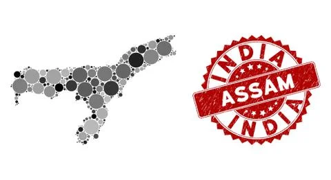 Mosaic Assam State Map and Distress Round Stamp Seal Illustrazione stock