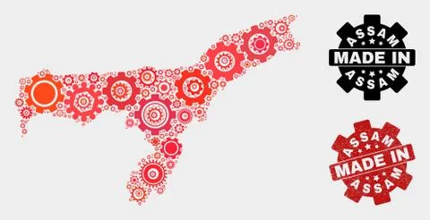 Mosaic Assam State Map of Gear Items and Grunge Stamp Illustrazione stock