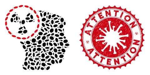 Mosaic Atomic Thinking Head Icon with Coronavirus Distress Attention Stamp Stock Illustration