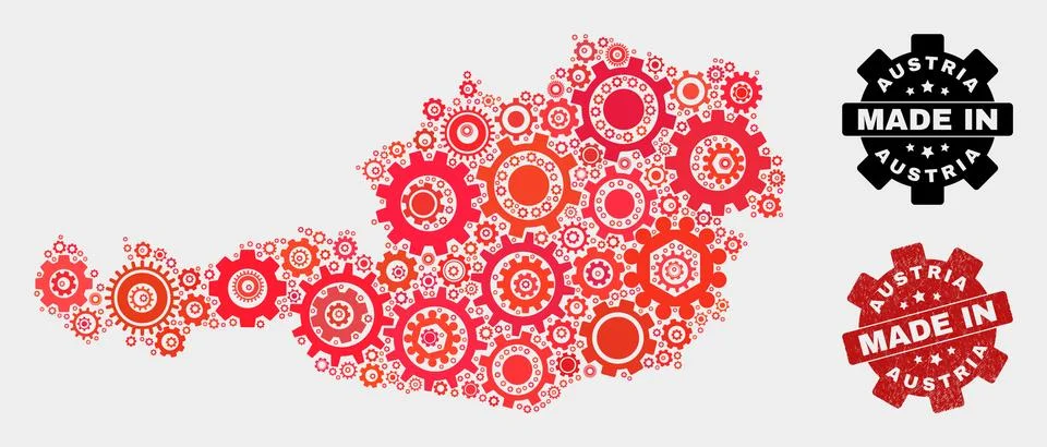 Mosaic Austria Map of Cogwheel Elements and Grunge Seal Illustrazione stock