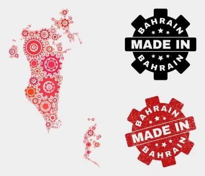 Mosaic Bahrain Map of Gear Elements and Grunge Seal Illustrazione stock