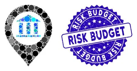 Mosaic Bank Building Pointer Icon with Distress Risk Budget Seal Illustration