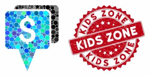 Mosaic Bank Map Pointers with Textured Kids Zone Stamp Stock Illustration
