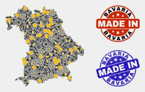 Mosaic Bavaria Land Map of Workshop Elements and Made In Grunge Seal Stock Illustration