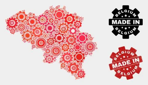 Mosaic Belgium Map of Gear Elements and Grunge Stamp Illustrazione stock