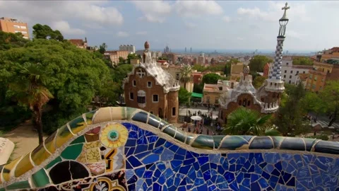Mosaic Bench At Parc Guell By Gaudi, Barcelona City, Catalonia, Spain Video stock 219406324