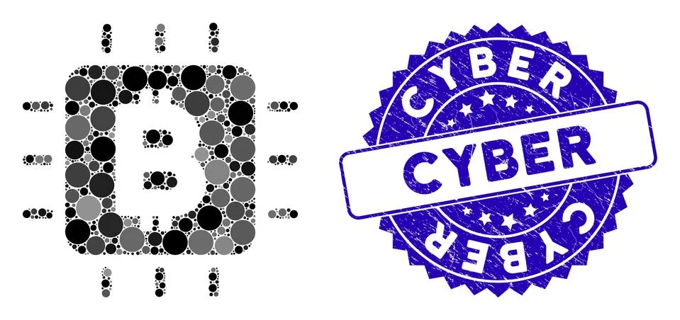 Mosaic Bitcoin Processor Chip Icon with Grunge Cyber Stamp イラスト素材