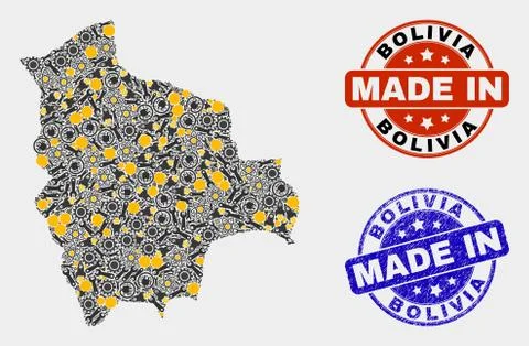 Mosaic Bolivia Map of Industry Elements and Made In Grunge Stamp Stock Illustration
