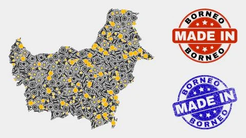 Mosaic Borneo Map of Workshop Elements and Made In Grunge Stamp Illustrazione stock