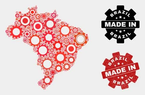 Mosaic Brazil Map of Gearwheel Elements and Grunge Seal 스톡 일러스트