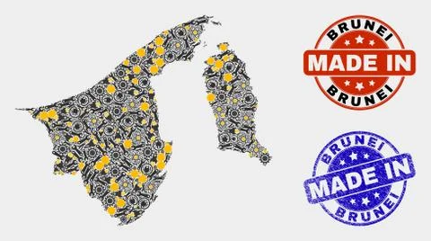 Mosaic Brunei Map of Workshop Elements and Made In Grunge Stamp Illustrazione stock