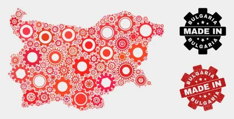 Mosaic Bulgaria Map of Gear Elements and Grunge Seal Illustrazione stock