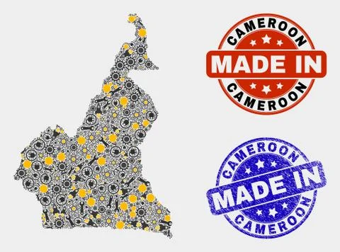 Mosaic Cameroon Map of Industry Elements and Made In Grunge Stamp Illustrazione stock