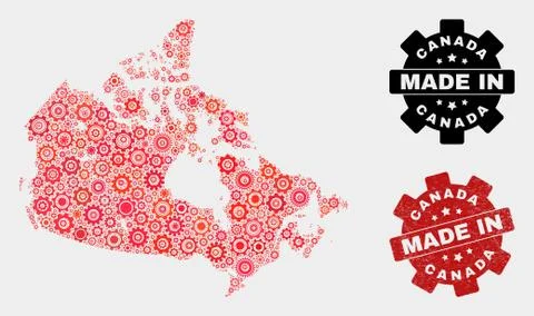 Mosaic Canada Map of Gearwheel Elements and Grunge Stamp Stock Illustration