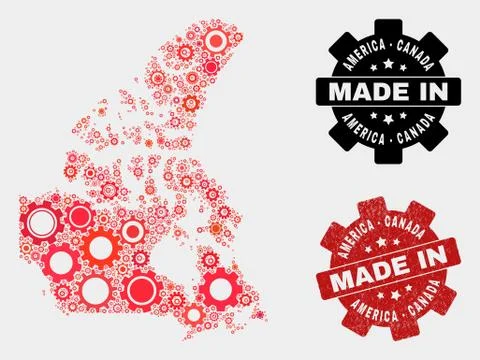 Mosaic Canada V2 Map of Gear Elements and Grunge Seal Stock Illustration