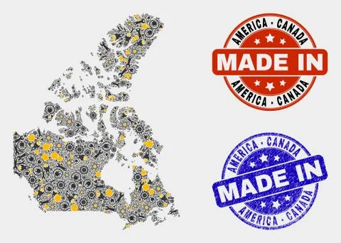 Mosaic Canada V2 Map of Industry Items and Made In Grunge Stamp Stock Illustration