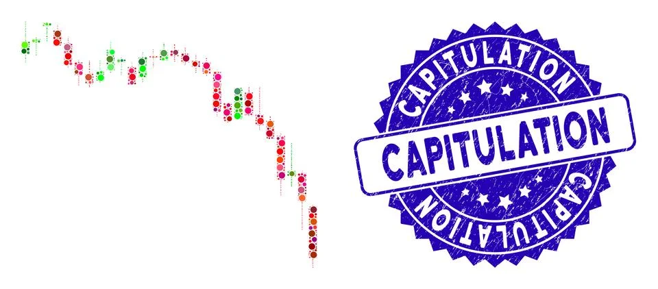 Mosaic Candlestick Chart Down Icon with Grunge Capitulation Stamp Illustrazione stock