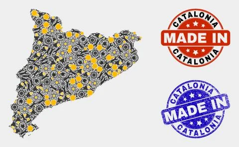 Mosaic Catalonia Map of Technology Elements and Made In Grunge Seal Stockillustratie