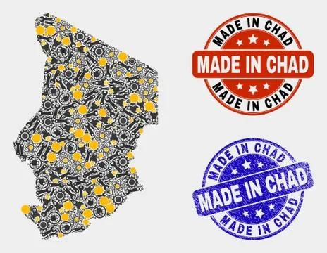 Mosaic Chad Map of Industrial Elements and Made In Grunge Stamp Illustrazione stock