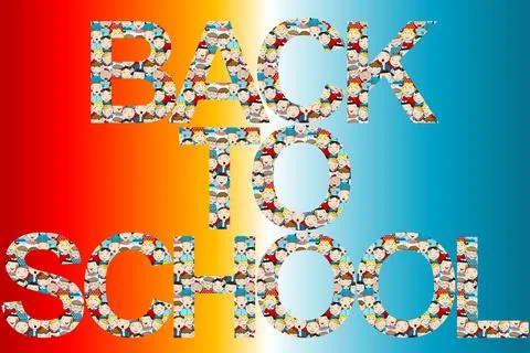 Mosaic of children faces that spells the text back to school Stock Illustration