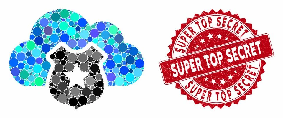 Mosaic Cloud Shield with Grunge Super Top Secret Seal 스톡 일러스트