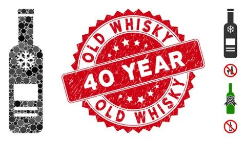 Mosaic Cold Vodka Bottle Icon with Distress Old Whisky 40 Year Stamp Stock Illustration