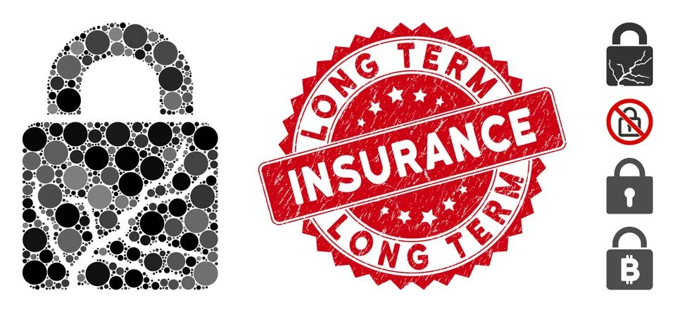 Mosaic Corrupted Lock Icon with Grunge Long Term Insurance Stamp Stock Illustration
