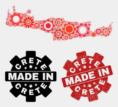 Mosaic Crete Map of Cog Elements and Grunge Stamp Stock Illustration