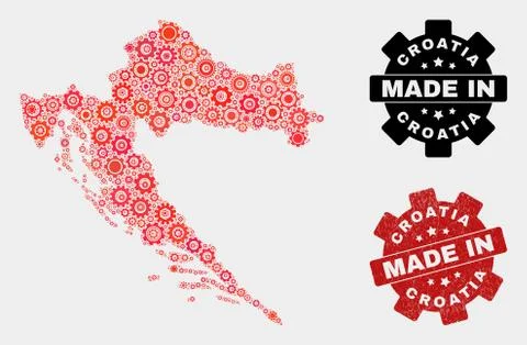 Mosaic Croatia Map of Gearwheel Elements and Grunge Seal Stock Illustration
