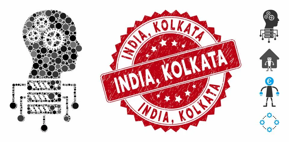 Mosaic Cyborg Server Node Icon with Grunge India, Kolkata Stamp Stock Illustration