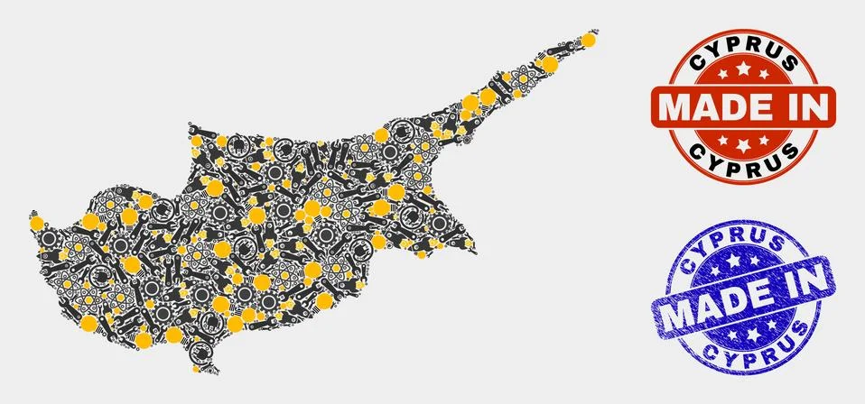 Mosaic Cyprus Map of Service Elements and Made In Grunge Seal Stock Illustration