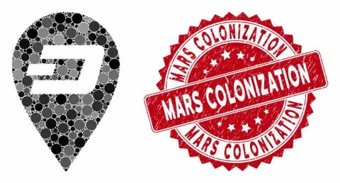Mosaic Dash Map Marker with Grunge Mars Colonization Stamp Illustrazione stock