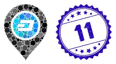 Mosaic Dash Map Pointer Icon with Textured 11 Stamp 스톡 일러스트