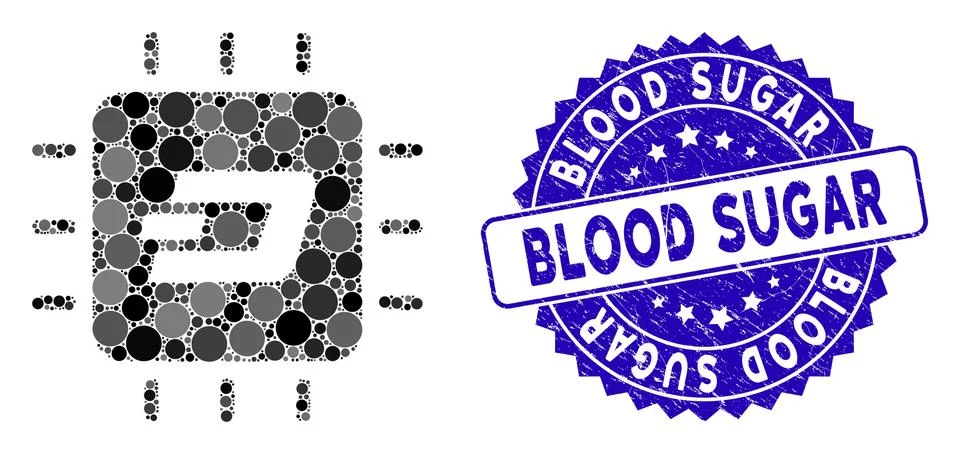 Mosaic Dash Processor Chip Icon with Grunge Blood Sugar Seal Illustrazione stock