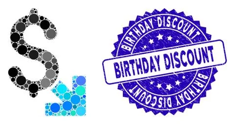 Mosaic Dollar Decrease Icon with Scratched Birthday Discount Seal Stock Illustration