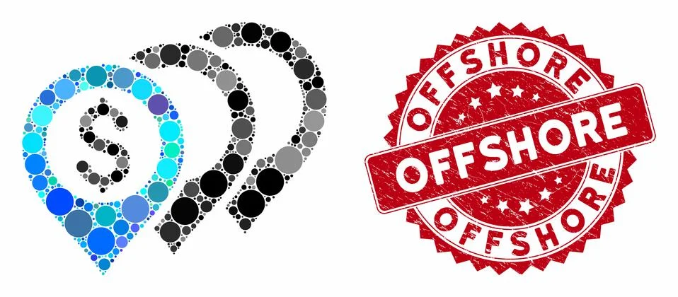 Mosaic Dollar Map Pointers with Grunge Offshore Stamp Stock Illustration