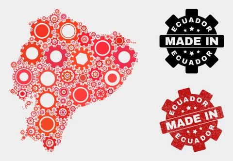 Mosaic Ecuador Map of Gear Elements and Grunge Seal イラスト素材