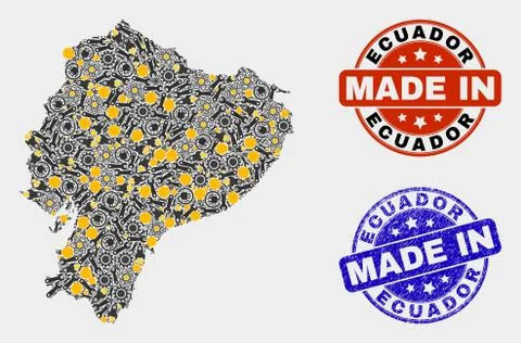 Mosaic Ecuador Map of Production Elements and Made In Grunge Stamp Illustrazione stock