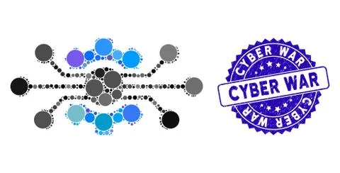 Mosaic Electronic Cog Icon with Textured Cyber War Seal イラスト素材