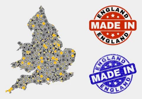 Mosaic England Map of Production Elements and Made In Grunge Stamp Illustrazione stock