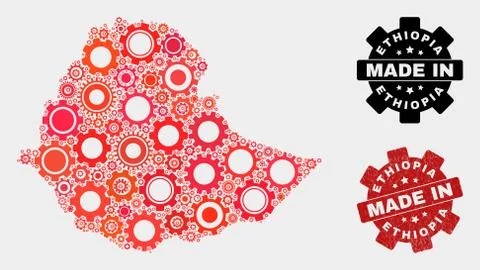 Mosaic Ethiopia Map of Cog Elements and Grunge Seal 스톡 일러스트