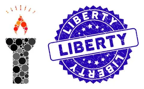Mosaic Fire Torch Light Icon with Grunge Liberty Seal 스톡 일러스트