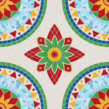 Mosaic Floral Pattern Background, Mosaic Featuring Colorful Floral Patterns Stock Illustration