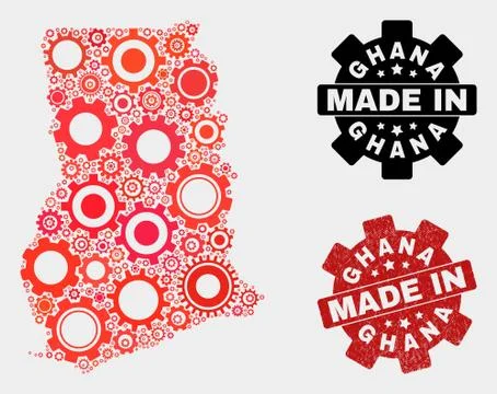Mosaic Ghana Map of Cog Elements and Grunge Stamp イラスト素材