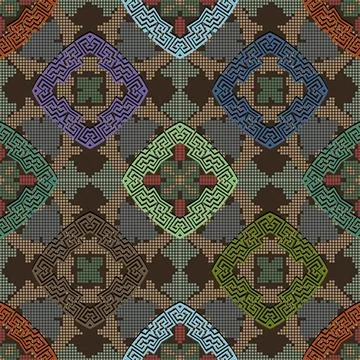 Mosaic greek seamless pattern. Pixel halftone colorful background. Repeat vec Ilustración de archivo