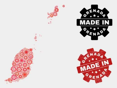Mosaic Grenada Map of Gear Elements and Grunge Stamp Stock Illustration