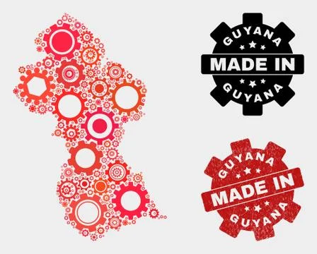 Mosaic Guyana Map of Cog Elements and Grunge Stamp Illustrazione stock