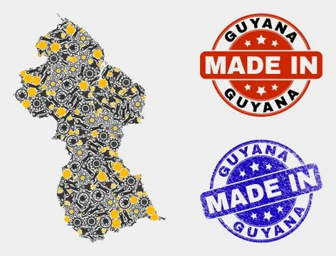Mosaic Guyana Map of Workshop Elements and Made In Grunge Seal イラスト素材